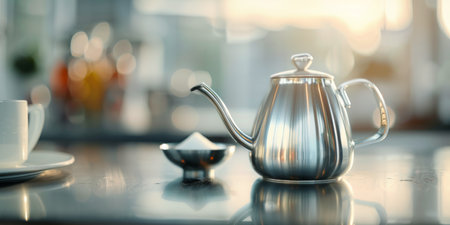 A sleek silver teapot rests beside a small bowl of sugar on a kitchen countertop, illuminated by warm light filtering through a window, creating a cozy and inviting atmosphere.の素材