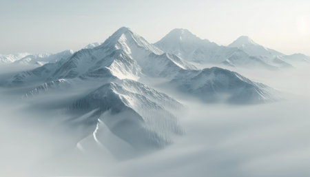 Towering snow-covered mountains rise dramatically from swirling mist and clouds, showing the breathtaking beauty of the alpine landscape under a serene sky.の素材