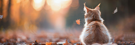 An orange cat sits quietly among fallen leaves, gazing at the warm sunset glow. The soft light highlights the cat's fur while orange and yellow leaves dance in the gentle breeze.の素材