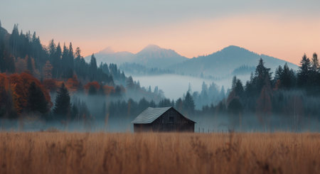 A secluded wooden cabin rests in a foggy field surrounded by autumn foliage and distant mountains under a soft sky at dawn.の素材