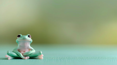 A small green frog rests comfortably with its legs crossed, displaying a serene expression against a softly blurred background that enhances its vibrant colors and tranquil demeanor.の素材