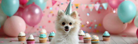 A chihuahua wearing a polka-dotted party hat lies on the floor, surrounded by colorful balloons and cupcakes. The festive atmosphere captures the joy of a birthday celebration.の素材