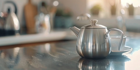 A sleek silver teapot rests beside a small bowl of sugar on a kitchen countertop, illuminated by warm light filtering through a window, creating a cozy and inviting atmosphere.の素材
