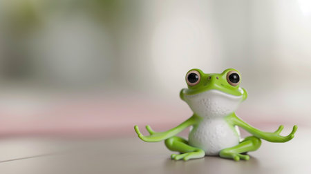A green frog sits quietly, showing off its vibrant color and distinctive features. The natural light highlights its smooth skin, while the blurred background adds to the tranquil atmosphere.の素材