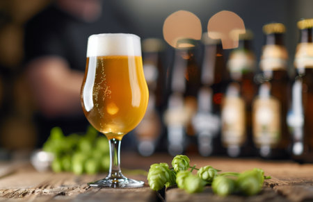 A selection of craft beer in different glasses, showcasing golden and dark colors, surrounded by fresh hops on a rustic wooden table. The warm, inviting ambiance highlights the textures and colors of the beverages.の素材