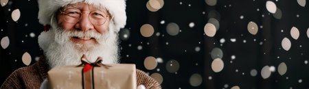 A joyful Santa Claus with a white beard and a red hat cheerfully holds a wrapped gift, surrounded by a beautifully decorated Christmas tree and warm holiday ambiance.の素材
