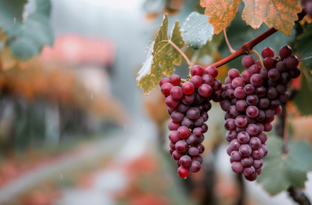 A cluster of plump red grapes dangles from a vine, illuminated by warm sunlight filtering through lush leaves in a vibrant vineyard.の素材