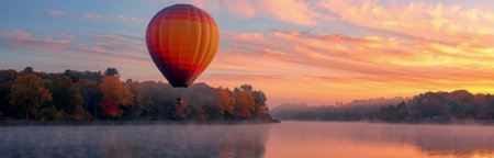 A vibrant hot air balloon rises above a tranquil lake, reflecting the colorful sunrise. Mist clings to the water as a dense forest surrounds the peaceful scene, creating a serene ambiance in the early morning light.の素材