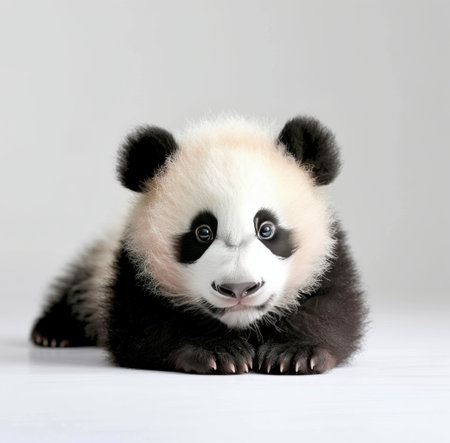 A playful baby panda rests on a surface, curiously exploring its surroundings. Its fluffy coat and expressive eyes capture the essence of youth, surrounded by gentle foliage in a serene outdoor setting.の素材