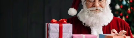 Santa Claus, dressed in a traditional red suit, presents two beautifully wrapped gifts while snowflakes gently fall in the background, creating a festive and magical holiday atmosphere.の素材