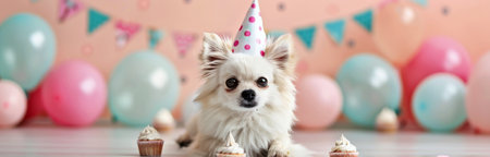A chihuahua wearing a polka-dotted party hat lies on the floor, surrounded by colorful balloons and cupcakes. The festive atmosphere captures the joy of a birthday celebration.の素材