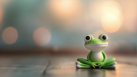 A small green frog rests comfortably with its legs crossed, displaying a serene expression against a softly blurred background that enhances its vibrant colors and tranquil demeanor.の素材