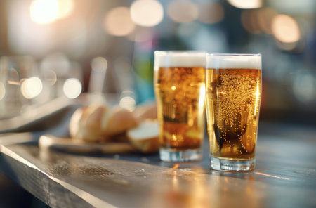 Two glasses filled with golden beer sit on a rustic wooden table beside fresh bread, capturing a warm and inviting atmosphere in a lively bar.の素材