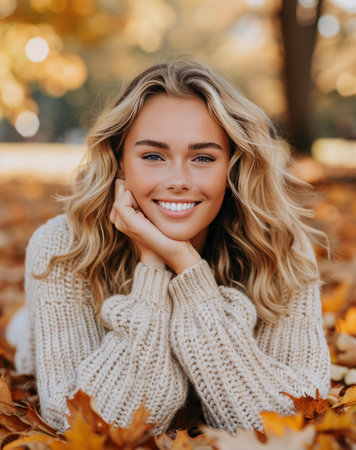 A young woman with curly hair smiles while lying among vibrant autumn leaves, dressed in a cozy orange sweater, enjoying the beauty of fall in a serene outdoor setting.の素材