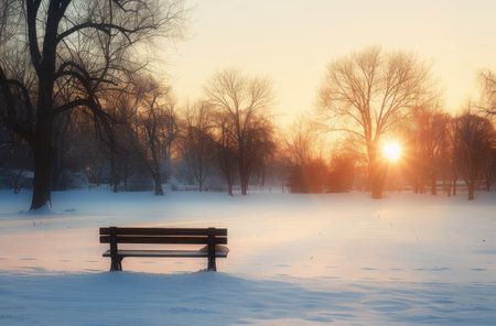 A solitary bench sits in a snow-covered park as the sun rises, casting a warm glow through the trees, illuminating the serene winter landscape.の素材
