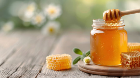 A glass jar filled with golden honey sits beside chunks of honeycomb on a weathered wooden table, with a wooden dipper resting on the jar, creating a warm and inviting atmosphere.の素材