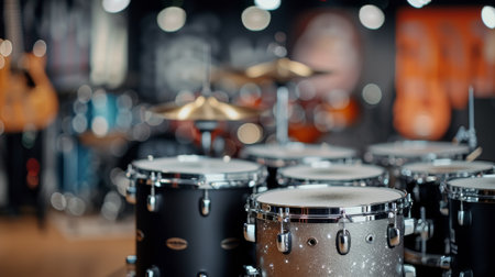 A drum vibrant set featuring blue, orange, and red tones is positioned on stage, illuminated by softly blurred multicolored lights in the background during a lively evening performance.の素材