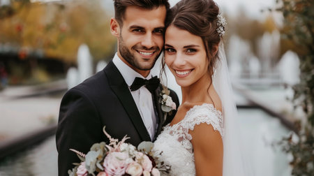 A newlywed couple smiles joyfully as they embrace in an elegant park, surrounded by autumn foliage and a tranquil fountain. The bride holds a bouquet, adding to the enchanting romantic atmosphere.の素材