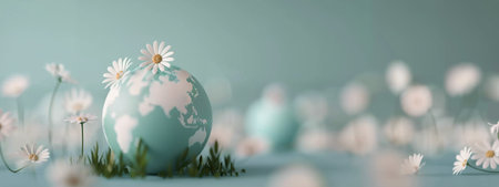 A globe depicting the world is adorned with white daisies, set against a soft light green backdrop. More flowers bloom in the blurred background, enhancing the peaceful and serene atmosphere.の素材