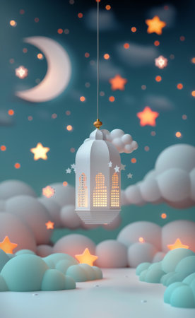 A whimsical display featuring a smiling moon and hanging lantern among vibrant clouds, stars, and playful trees, set against a teal background that creates a cheerful, enchanting atmosphere.の素材