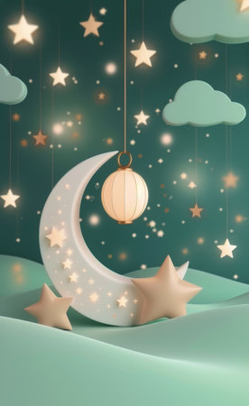 A whimsical display featuring a smiling moon and hanging lantern among vibrant clouds, stars, and playful trees, set against a teal background that creates a cheerful, enchanting atmosphere.の素材