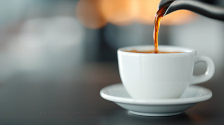 A rich brown coffee is being poured into a small white cup sitting on a saucer, with blurred background elements suggesting warmth and comfort.の素材