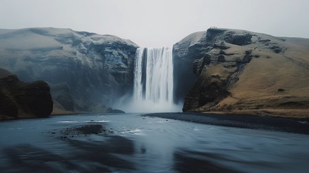 A breathtaking waterfall pours powerfully into a turquoise pool, framed by lush greenery and mist rising from the rushing water. The early morning light casts a serene glow over the landscape, enhancing the natural beauty.の素材