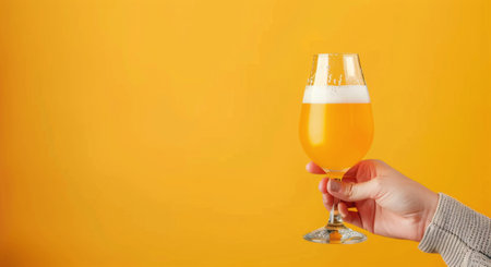 A hand grips a cold bottle of beer, showcasing its golden liquid and frothy head against a vibrant orange backdrop, highlighting a refreshing moment.の素材
