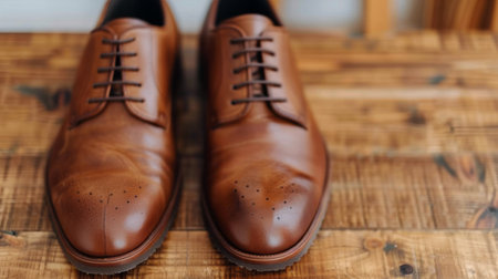 A pair of elegant brown leather dress shoes are displayed on a polished wooden table, showing their meticulous craftsmanship and fine detailing. The warm tones of the wood complement the shoes' rich color.の素材