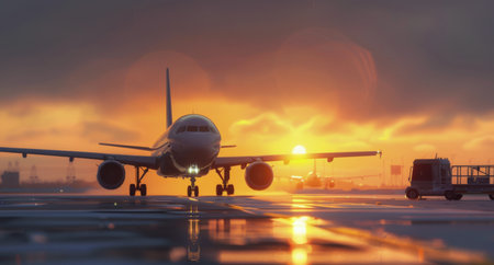 An airplane is positioned on the runway as the sun sets, casting a warm orange glow across the sky. A service vehicle is nearby, preparing for the next flight.の素材