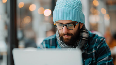 A focused man with glasses and a beard is working on his laptop in a contemporary office setting, concentrating on his task amidst a bustling atmosphere with colleagues in the background.の素材
