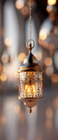 A sparkling lantern emits a warm glow, suspended from branches adorned with twinkling lights, creating a cozy ambiance for an evening gathering.の素材