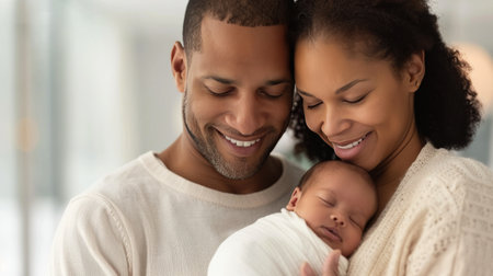 A young couple smiles brightly while cradling their newborn in a soft blanket. The warm indoor features environment neutral colors, creating a loving atmosphere for their joyful moment.の素材
