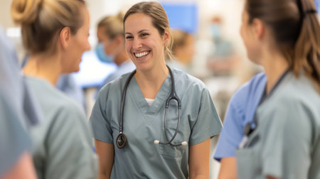 In a bustling hospital environment, healthcare professionals in scrubs share a light moment, discussing patients and teamwork while fostering camaraderie among colleagues.の素材