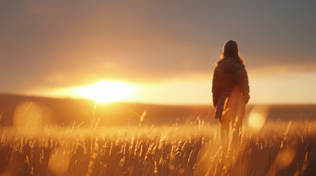 A figure walks through a golden field as the sun rises on the horizon, casting warm light and illuminating the landscape. The tranquil atmosphere evokes a sense of peace and connection to nature.の素材