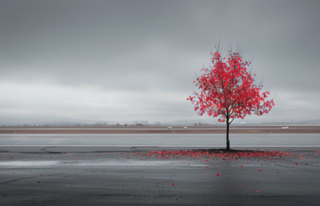 A striking red tree stands alone on a wet surface under a cloudy sky. Leaves scatter around it, reflecting the beauty of autumn while a distant landscape fades into the mist.の素材