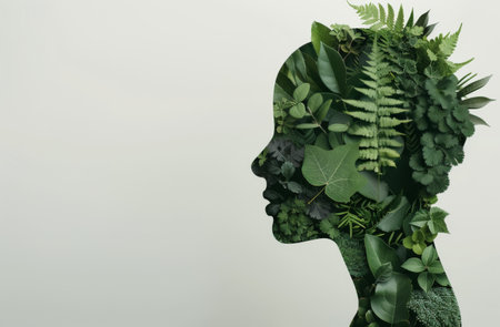 A creative silhouette of a face filled with various green leaves and plants, symbolizing nature and growth, set against a light background.の素材