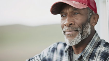 An elderly man with a beard and a red cap leans against a wall, smiling gently. He is in a serene rural outdoor location, exuding warmth and a calm demeanor.の素材
