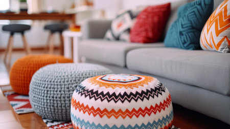 A vibrant living room features a stylish gray couch adorned with decorative pillows, accompanied by knitted poufs in various colors and patterns, creating a warm and inviting atmosphere.の素材