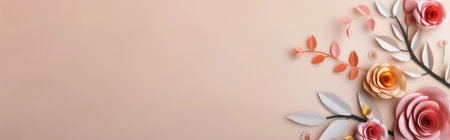 A delicate floral design features an array of pink and peach roses alongside vibrant leaves and circular accents. The composition is set against a soft, light background, creating a serene and inviting ambiance.の素材