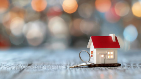 A miniature wooden house model sits alongside a set of keys on a rustic wooden table, with a beautifully blurred background suggesting a cozy and inviting atmosphere.の素材