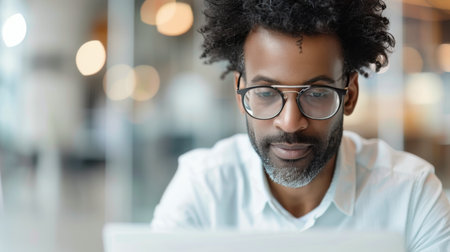 A man with glasses smiles at the camera while working on his laptop in a bright, contemporary office filled with warm lights and blurred background activity.の素材