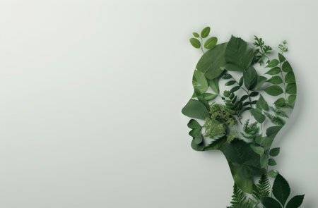 A creative silhouette of a face filled with various green leaves and plants, symbolizing nature and growth, set against a light background.の素材