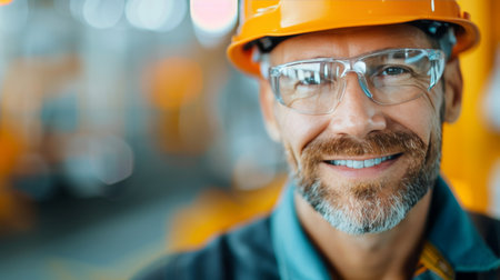 A worker wearing a hard hat and safety glasses smiles confidently while standing in an industrial environment filled with blurred lights in the background, showing a vibrant and active workplace.の素材
