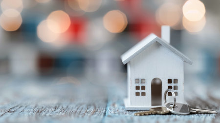 A miniature wooden house model sits alongside a set of keys on a rustic wooden table, with a beautifully blurred background suggesting a cozy and inviting atmosphere.の素材
