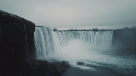 A breathtaking waterfall pours powerfully into a turquoise pool, framed by lush greenery and mist rising from the rushing water. The early morning light casts a serene glow over the landscape, enhancing the natural beauty.の素材