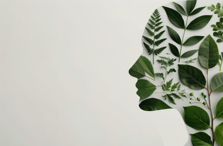 A silhouette of a woman's head is filled with various green leaves and plant elements, symbolizing a connection to nature and wellness against a light background, emphasizing harmony and tranquility.の素材