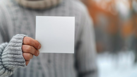 A person in a cozy sweater presents a blank square piece of paper in a winter environment, surrounded by soft white snow and blurred trees in the background, creating a tranquil atmosphere.の素材