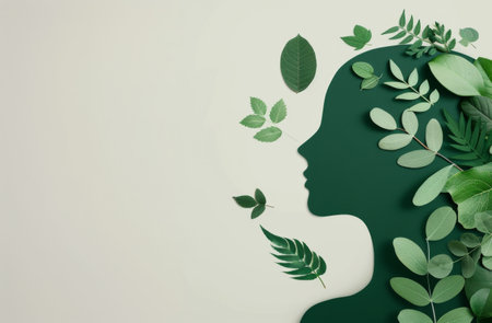 A silhouette of a woman's head is filled with various green leaves and plant elements, symbolizing a connection to nature and wellness against a light background, emphasizing harmony and tranquility.の素材