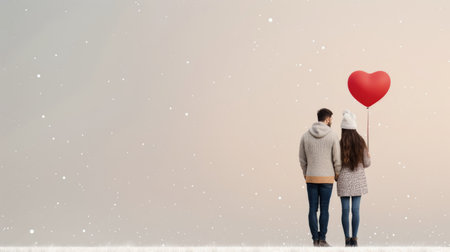 A young couple stands on a weathered wooden bridge, holding hands while carrying red heart-shaped balloons. The autumn scenery adds a romantic backdrop to their heartfelt moment together.の素材